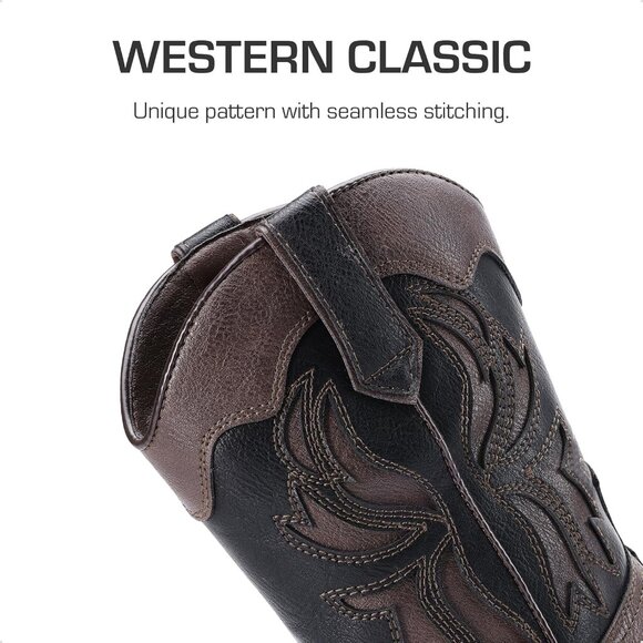 ⚡Girls Brown Black Square Toe Mid Calf Cowgirl Boot Western Fashion Riding Shoes - Picture 3 of 6